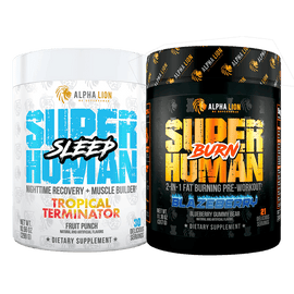 SUPERHUMAN FAT LOSS STACK - SuperHuman Burn + SuperHuman Sleep BLAZEBERRY (Blueberry Gummy Bear) / TROPICAL TERMINATOR (Fruit Punch) / 1 Month Supply - Alpha Lion